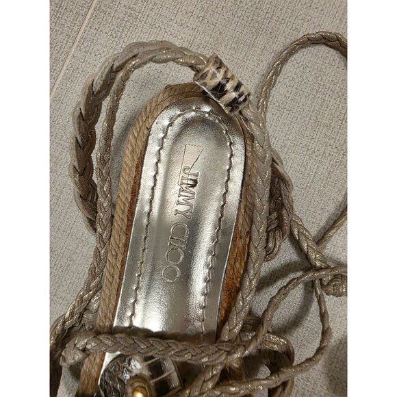 Jimmy Choo Snake Print & Metallic Espadrille Sandals Sz 37 Braided Lace-Up Boho - Picture 2 of 7